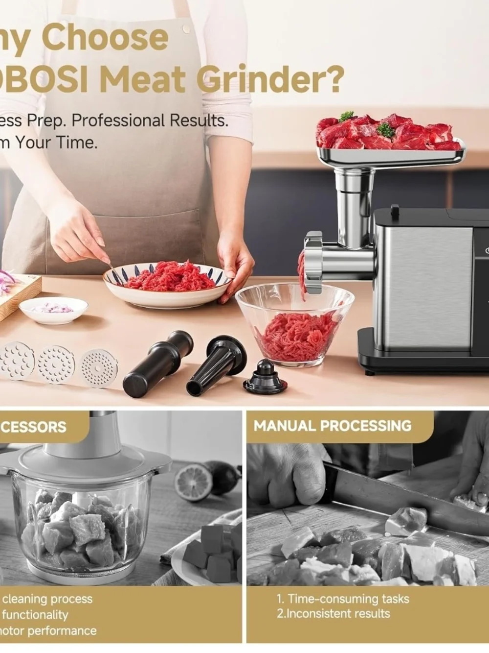 AAOBOSI Electric Meat Grinder 3000W Touch Screen Auto Reverse Sausage Maker